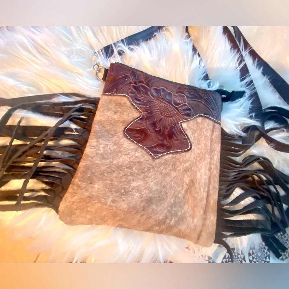 Genuine Cowhide Hair Embossed Leather Western Fringe Crossbody Boho Purse